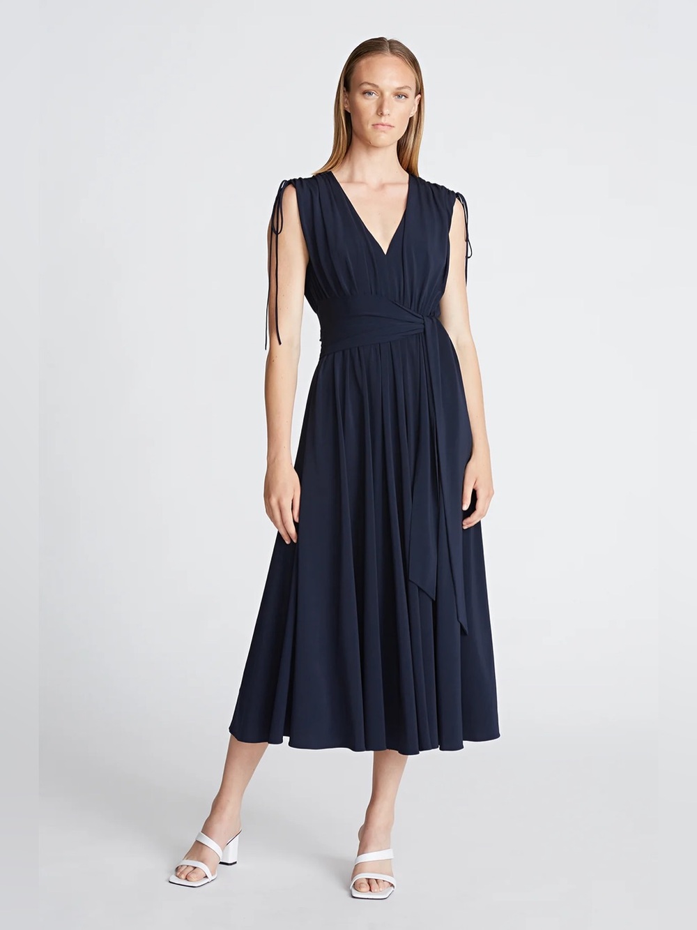 Halston Cobey Midnight V-Neck Tie-Shoulder Midi Dress